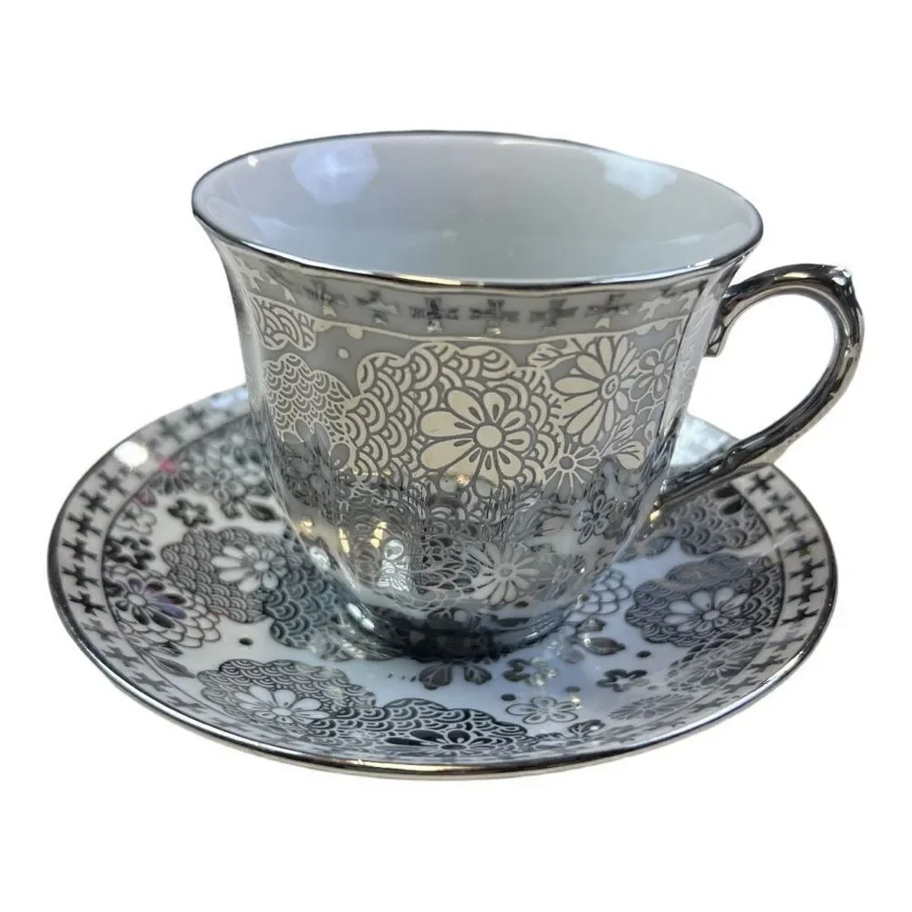 Genes Wares Italian Series Teacup and Saucer Set of 1 Silver White Floral Print
